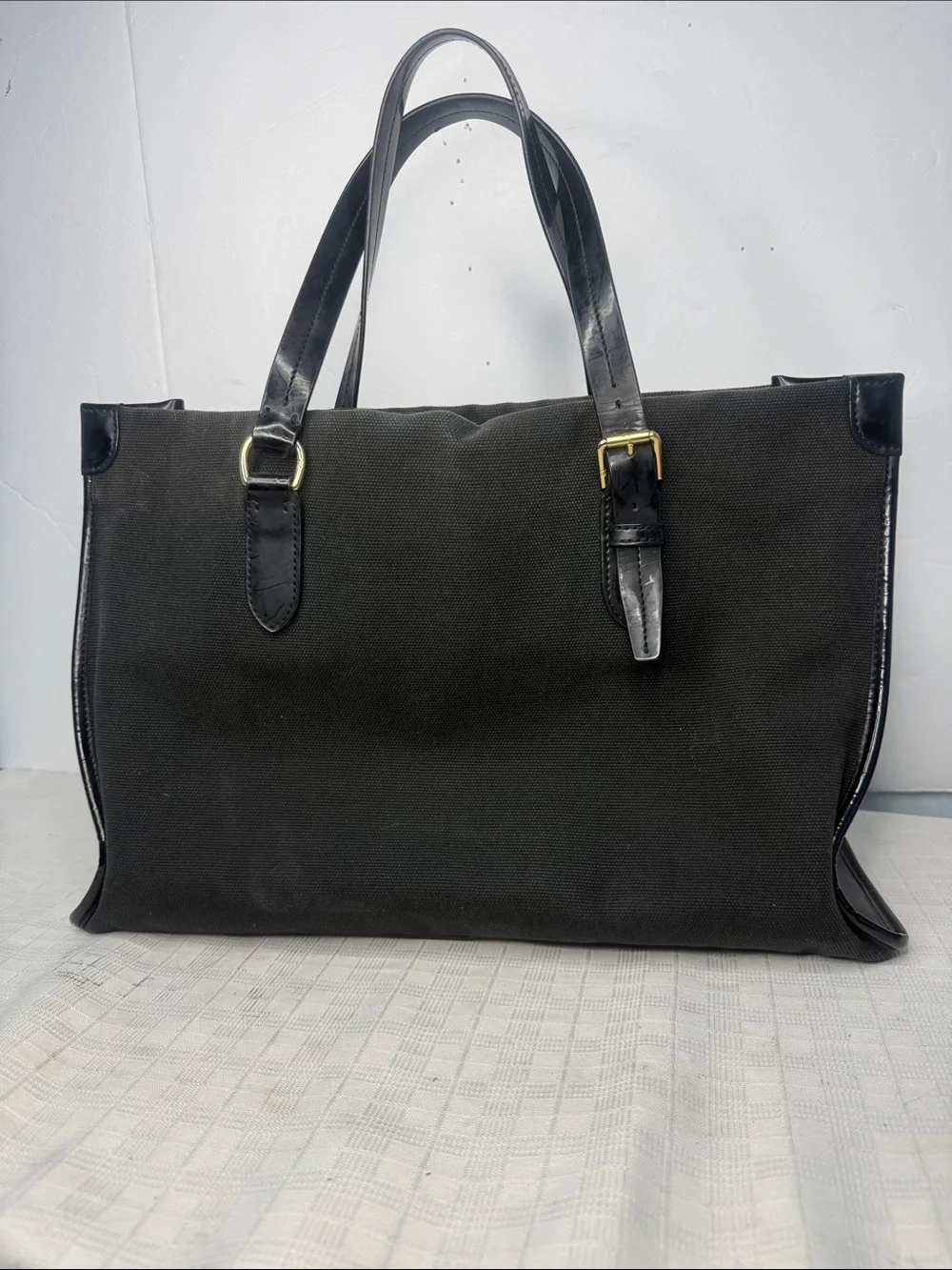 Classic Black Canvas Tote Bag with Leather Handles
